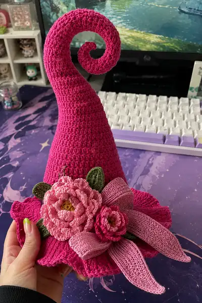 Big Tall Hot Pink Spiral Witch Hat with Peonies and Ribbon Pattern step 1 - construction progress