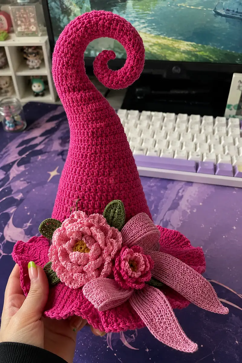 Big Tall Hot Pink Spiral Witch Hat with Peonies and Ribbon Pattern crochet pattern - detailed view of completed project