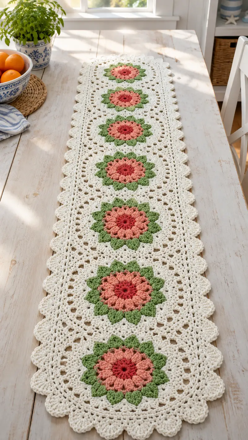 Sunburst Floral Table Runner Pattern crochet pattern - detailed view of completed project