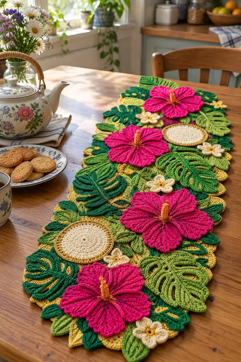 Tropical Hibiscus Table Runner Pattern crochet pattern - detailed view of completed project