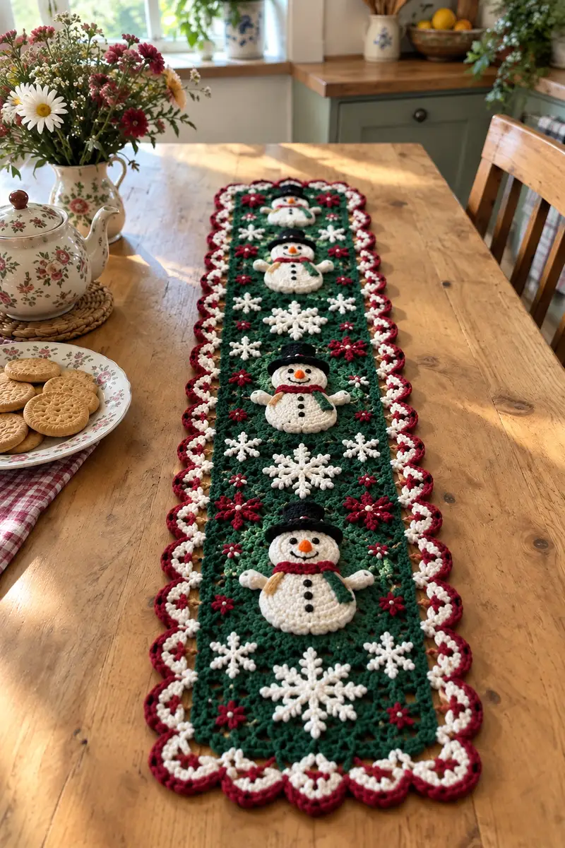 Festive Snowman Table Runner Pattern crochet pattern - detailed view of completed project