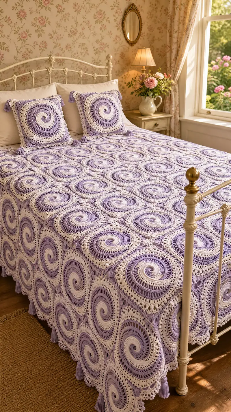 Free crochet pattern: Lavender Spiral Granny Bedspread Pattern - Advanced level tutorial
