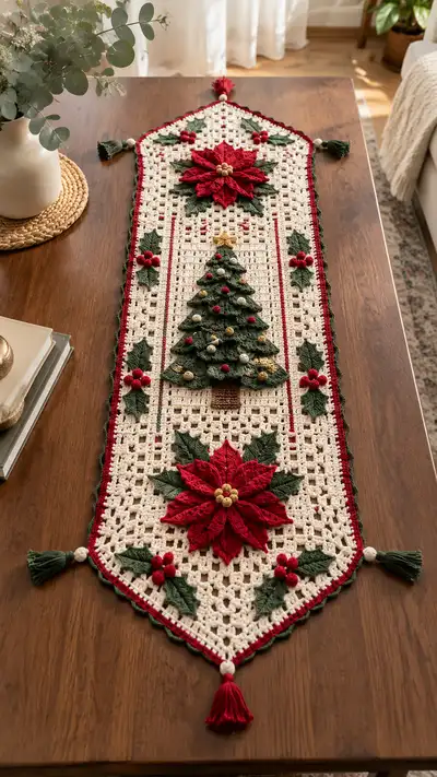 Festive Poinsettia & Tree Table Runner Pattern step 1 - construction progress