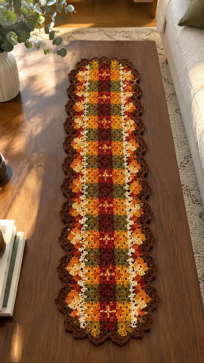 Autumn Plaid Scallop Table Runner Pattern crochet pattern - detailed view of completed project