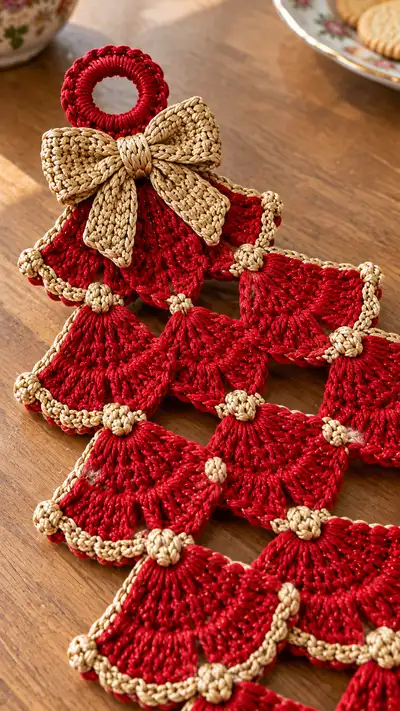 Festive Lacy Christmas Tree Table Runner Pattern step 2 - assembly progress