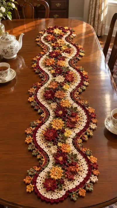 Burgundy Mustard Floral Wave Table Runner Pattern step 1 - construction progress