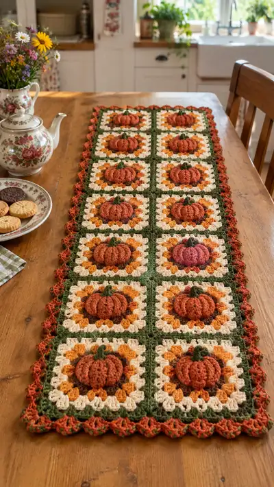 Pumpkin Granny Square Table Runner Pattern step 1 - construction progress