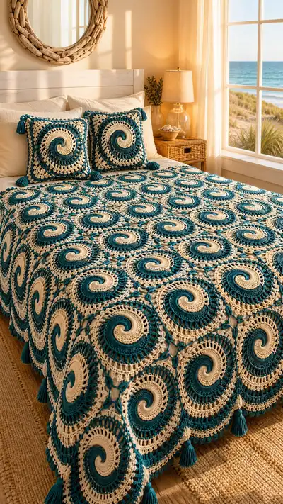 Teal Spiral Coastal Granny Bedspread Pattern step 1 - construction progress