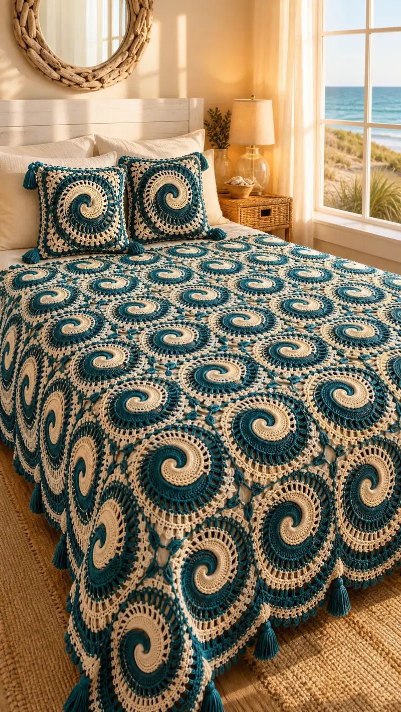 Teal Spiral Coastal Granny Bedspread Pattern crochet pattern - detailed view of completed project