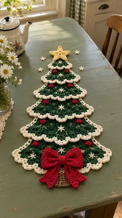 Green And Cream Christmas Tree Table Runner Pattern step 1 - construction progress