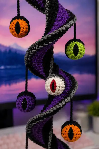 Spooky Eyeballs Halloween Spiral Garland Pattern step 2 - assembly progress