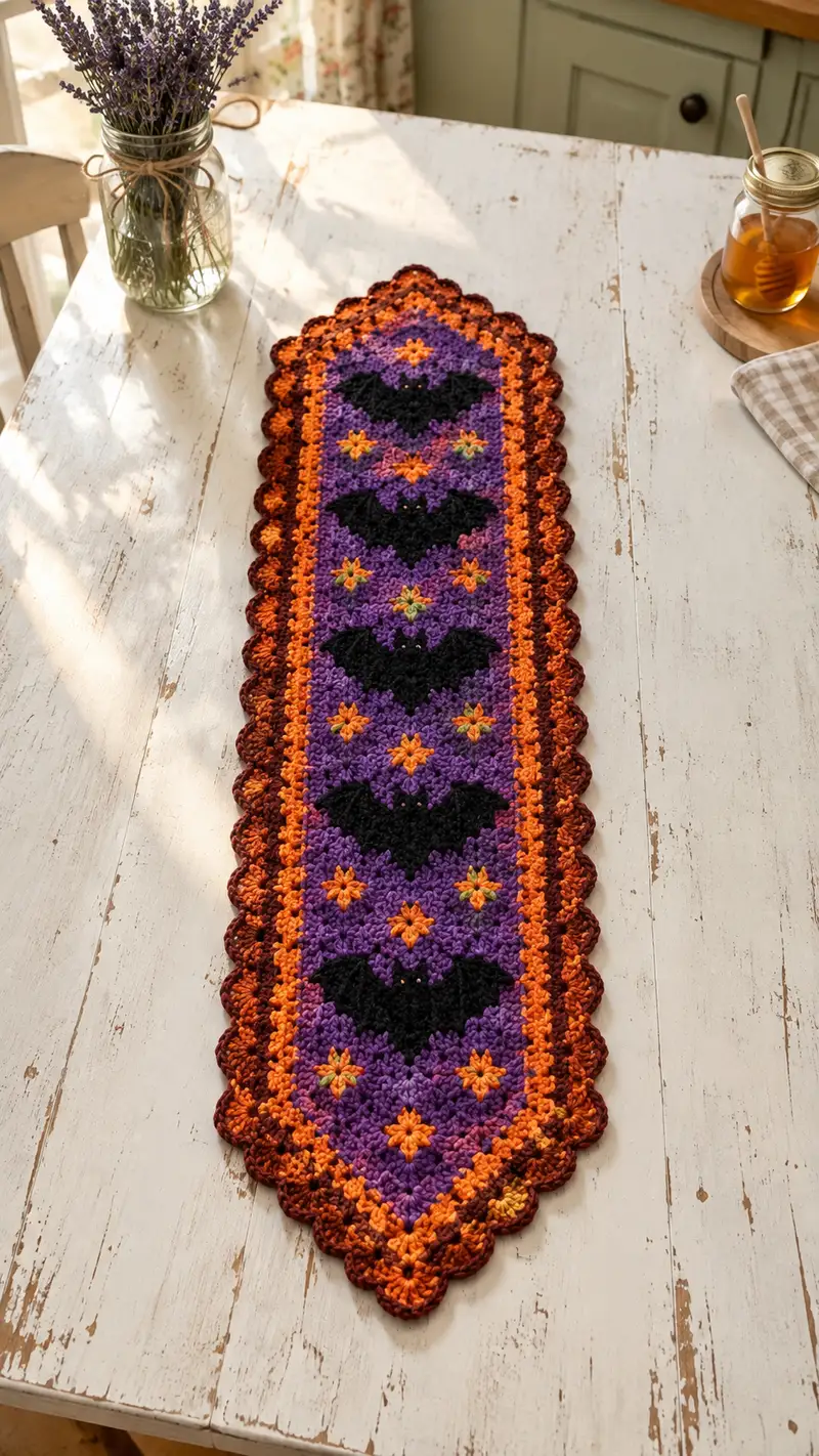 Spooky Bat Table Runner Pattern crochet pattern - detailed view of completed project