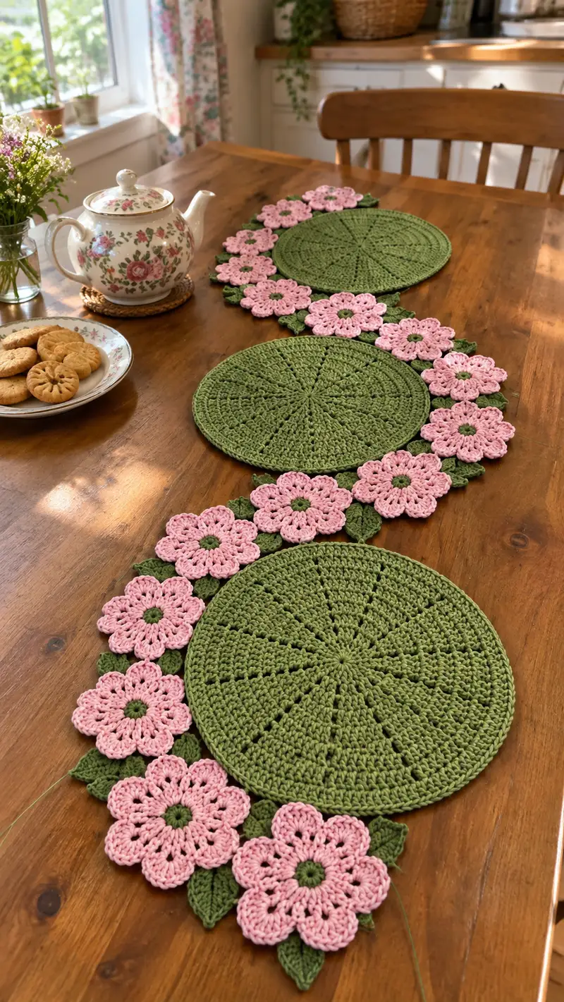 Floral Circle Table Runner Pattern crochet pattern - detailed view of completed project
