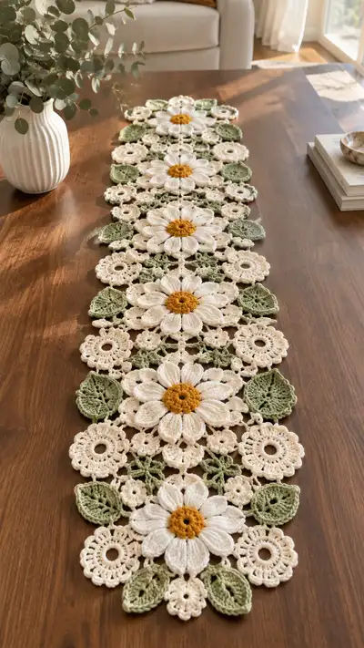 Cream Daisy And Sage Leaf Table Runner Pattern step 1 - construction progress