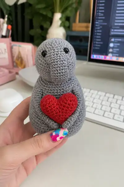 Sweet Little Grey Amigurumi Holding Heart Amigurumi Pattern step 1 - construction progress