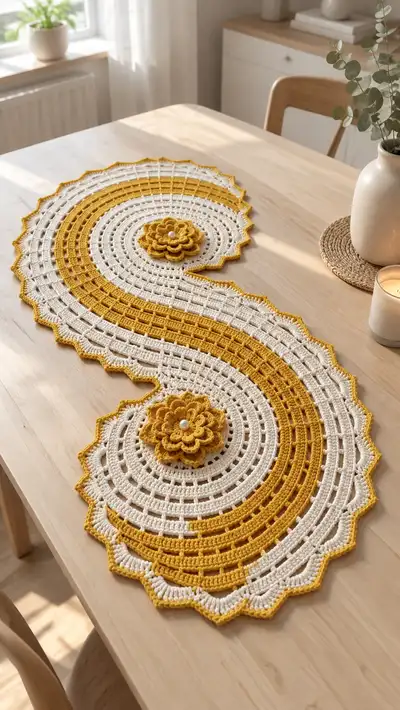 Sunrise S-Shape Crochet Table Runner Pattern step 1 - construction progress