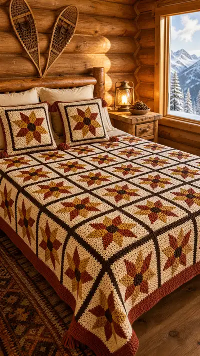 Rust & Mustard Star Granny Bedspread Pattern step 1 - construction progress