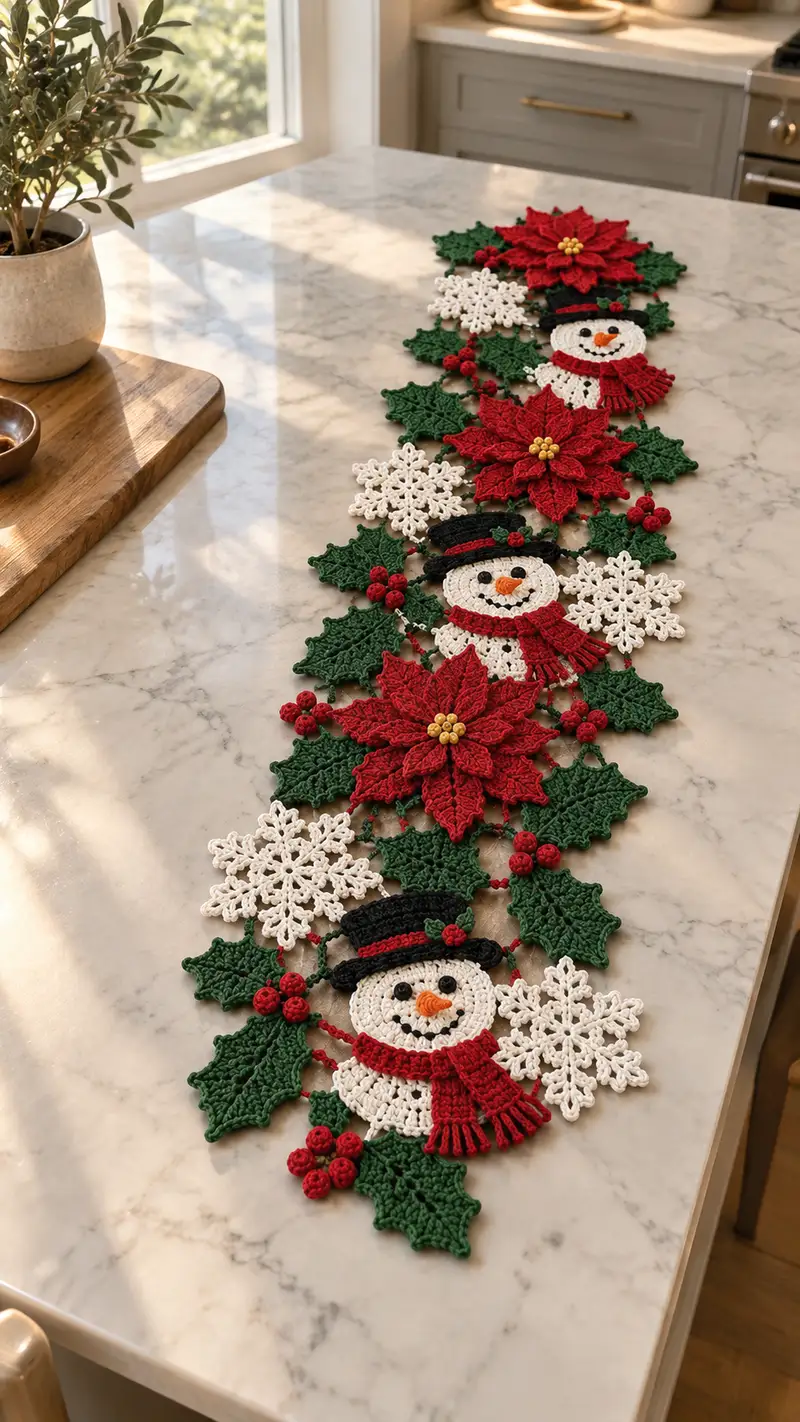 Festive Poinsettia & Snowman Table Runner Pattern crochet pattern - detailed view of completed project