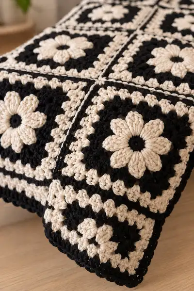 Stunning Black and Cream Daisy Granny Bedspread Pattern step 3 - details and accessories