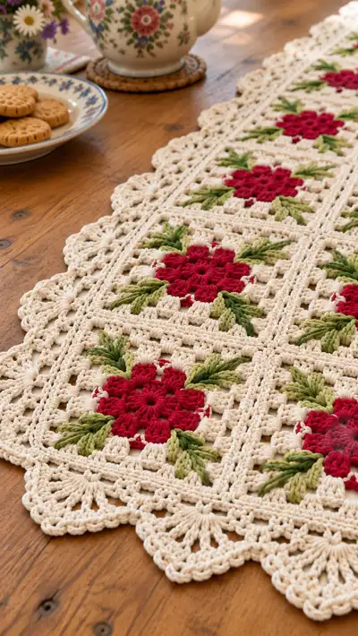 Vintage Floral Granny Square Table Runner Pattern step 2 - assembly progress