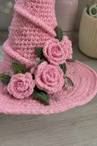 Big Tall Baby Pink Spiral Witch Hat with Roses and Crystals Pattern step 2 - assembly progress