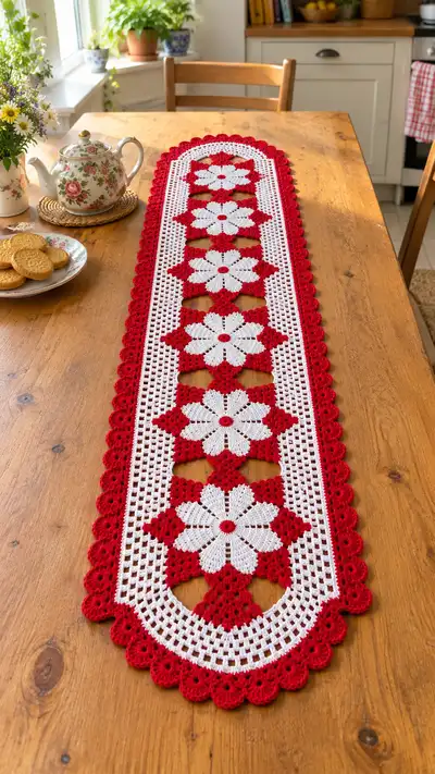 Red and White Floral Table Runner Pattern step 1 - construction progress