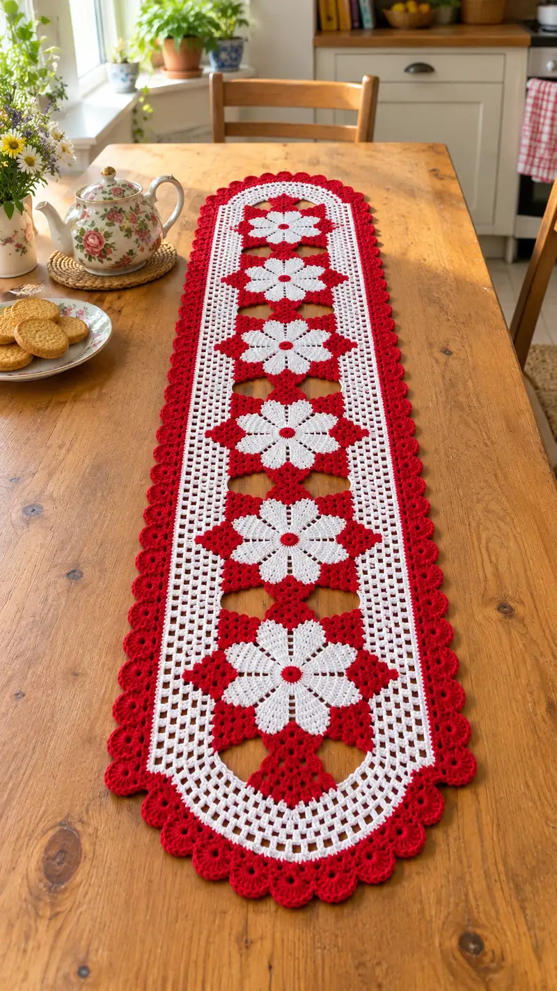 Red and White Floral Table Runner Pattern crochet pattern - detailed view of completed project