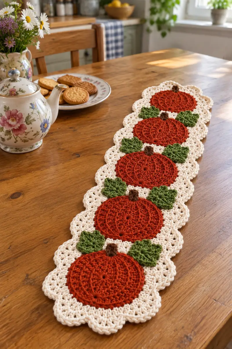 Pumpkin Patch Table Runner Pattern crochet pattern - detailed view of completed project