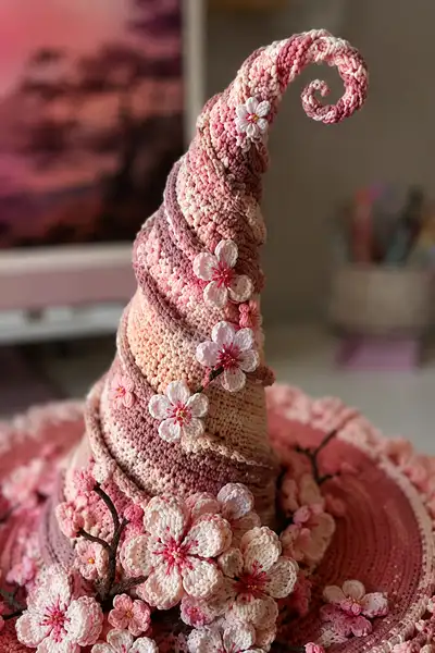Big Tall Rose Gold Spiral Witch Hat with Cherry Blossoms and Lace Pattern step 2 - assembly progress