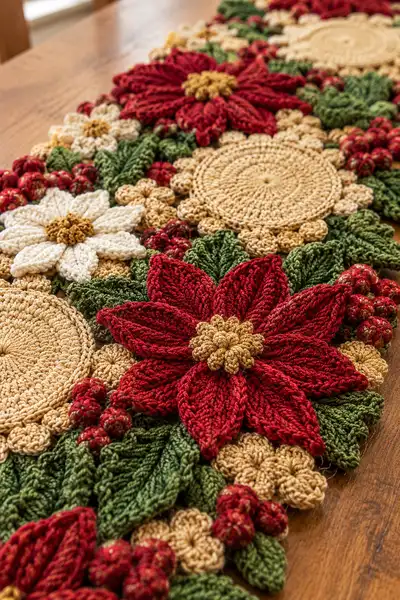 Xmas Poinsettia Crochet Table Runner Pattern step 2 - assembly progress