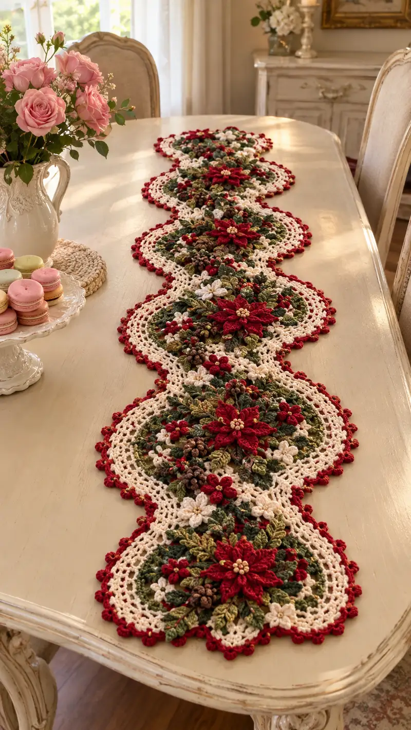 Red Poinsettia And Cream Pinecone Table Runner Pattern crochet pattern - detailed view of completed project