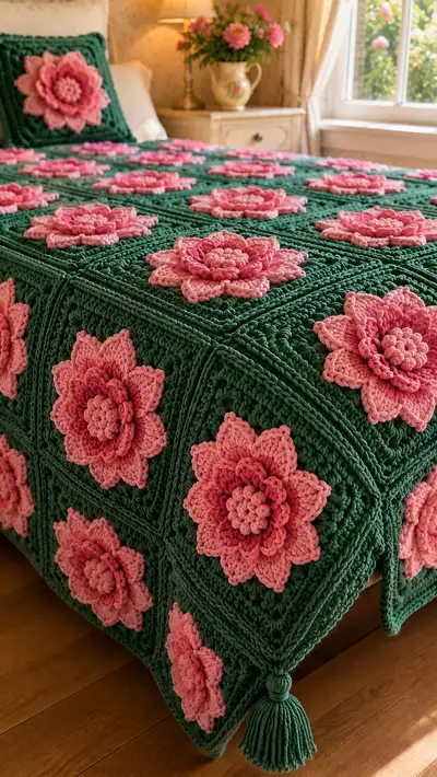 Blush Lotus Granny Square Bedspread Pattern step 2 - assembly progress