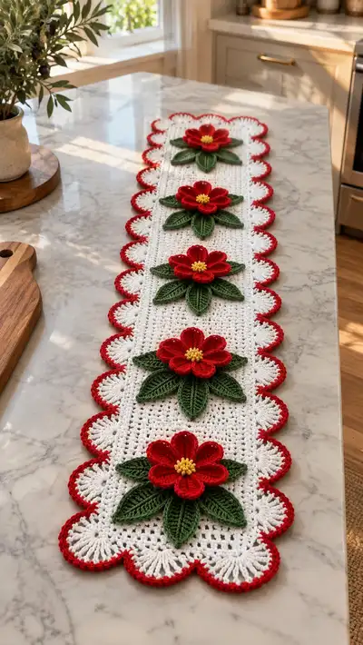 Festive Poinsettia Table Runner Pattern step 1 - construction progress