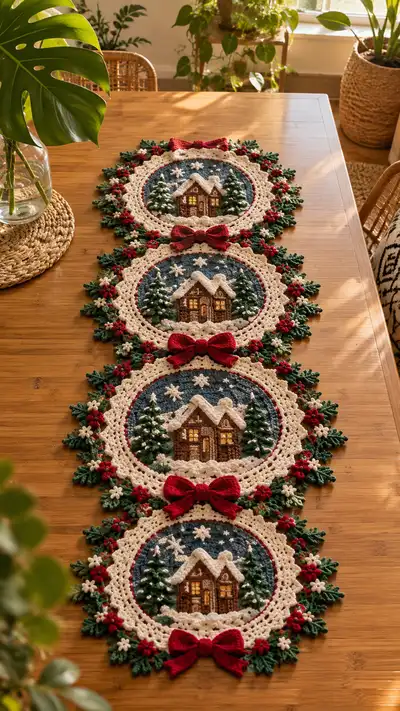 Navy Snowy Cottage Christmas Table Runner Pattern step 1 - construction progress