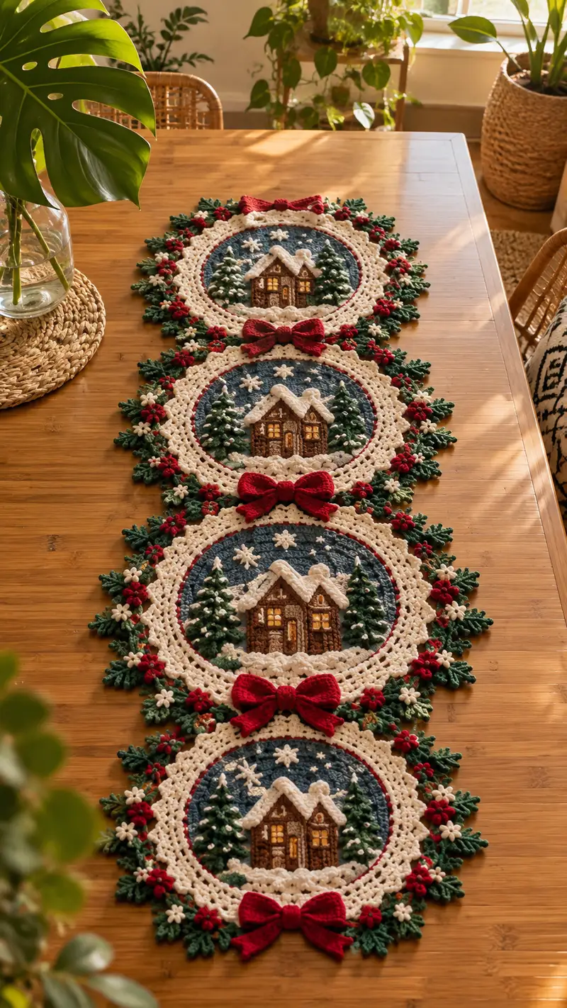 Navy Snowy Cottage Christmas Table Runner Pattern crochet pattern - detailed view of completed project