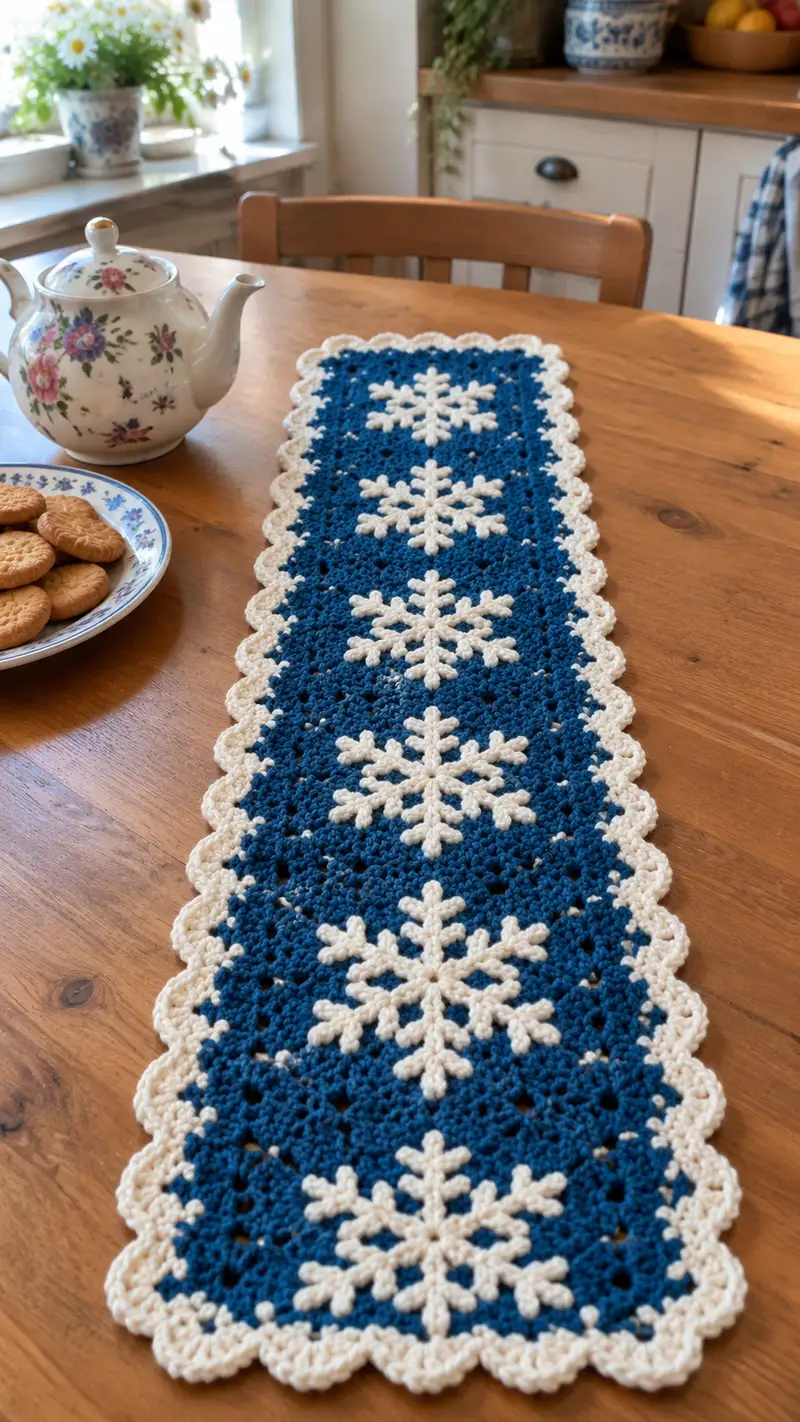 Winter Snowflake Table Runner Pattern crochet pattern - detailed view of completed project