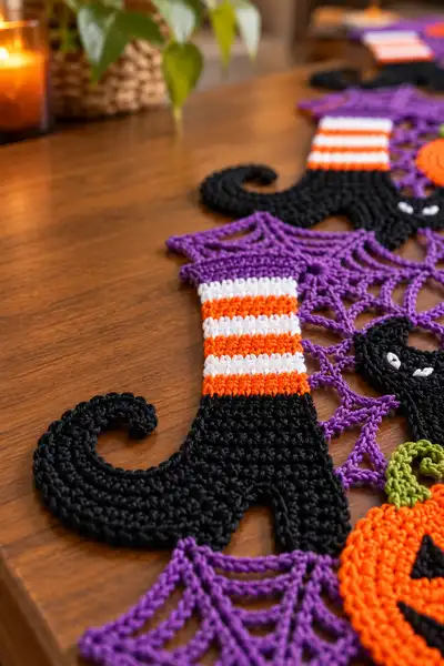 Witch Boots and Purple Web Halloween Table Runner Pattern step 2 - assembly progress
