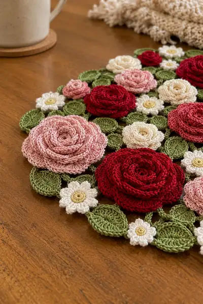 Heart Shaped Rose and Daisy Table Doily Pattern step 2 - assembly progress
