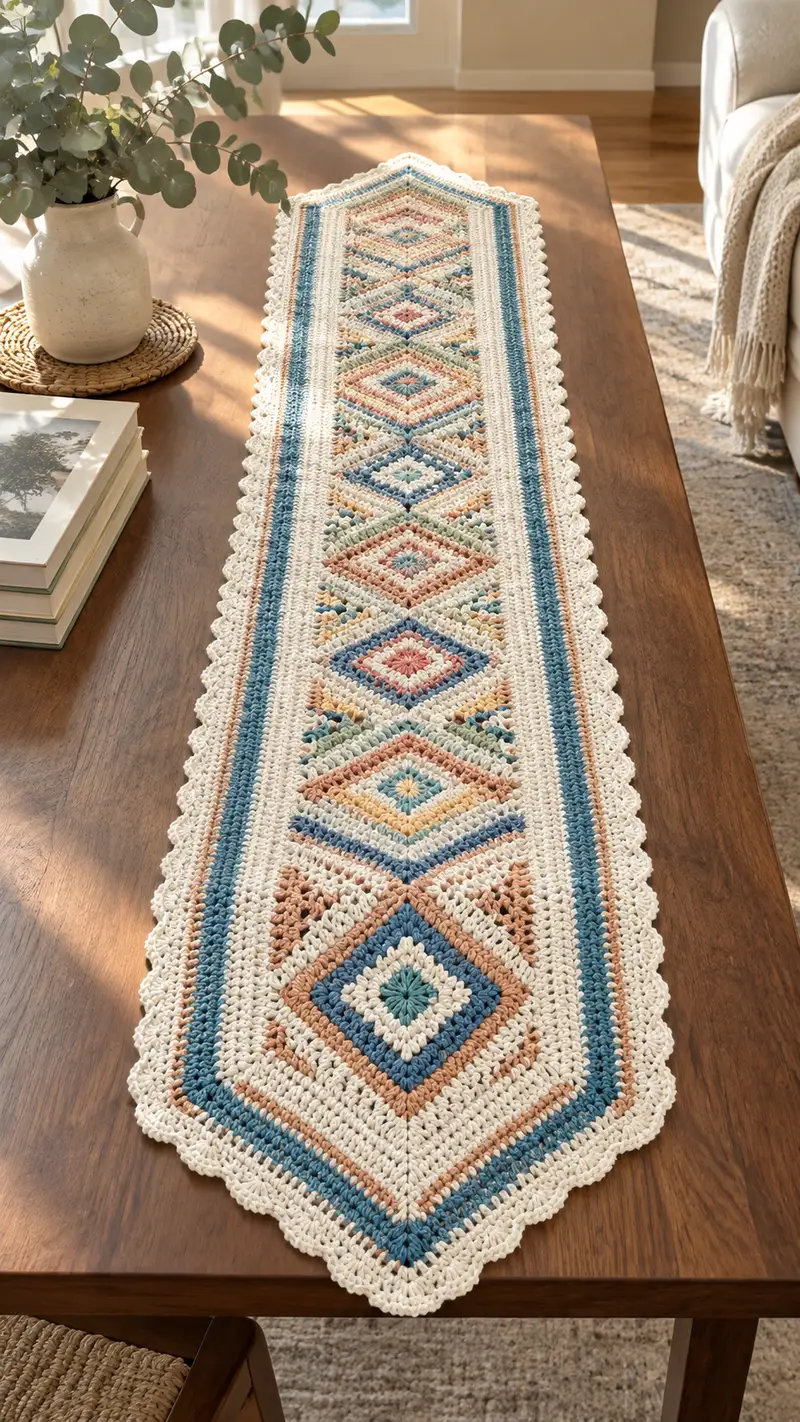 Boho Diamond Table Runner Pattern crochet pattern - detailed view of completed project