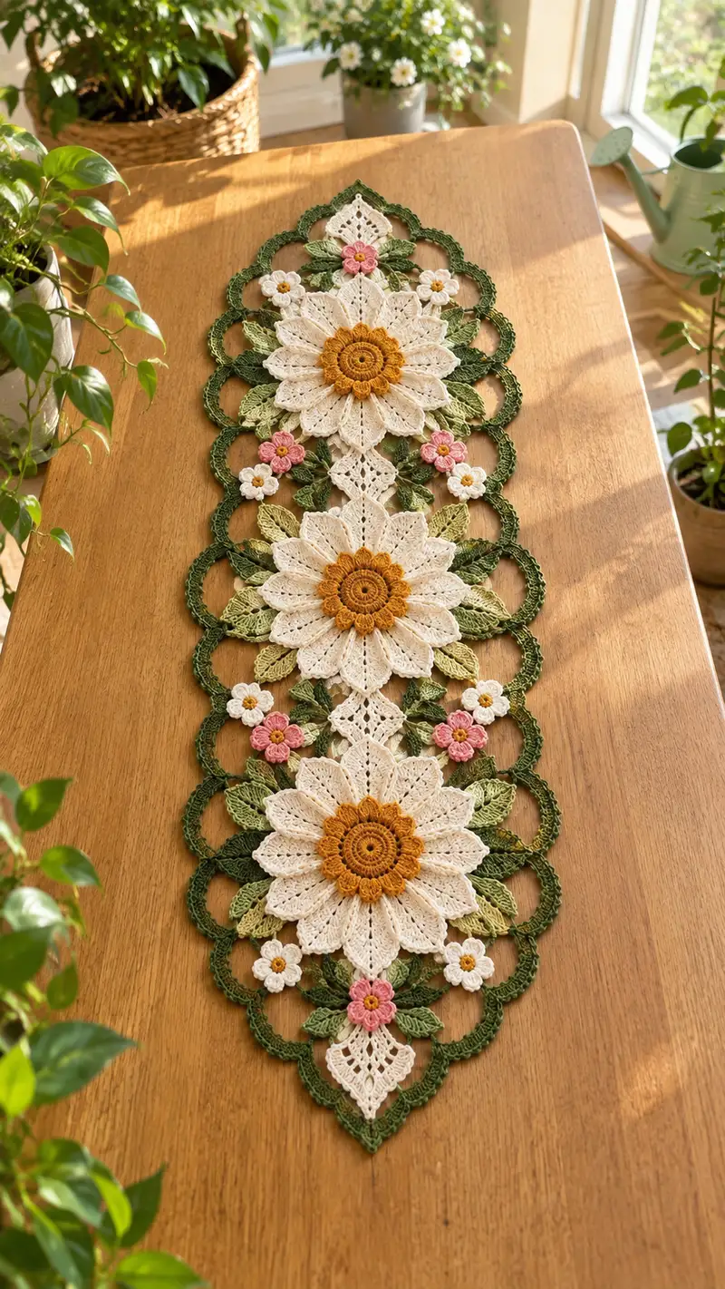 Daisy Lace Table Runner Pattern crochet pattern - detailed view of completed project
