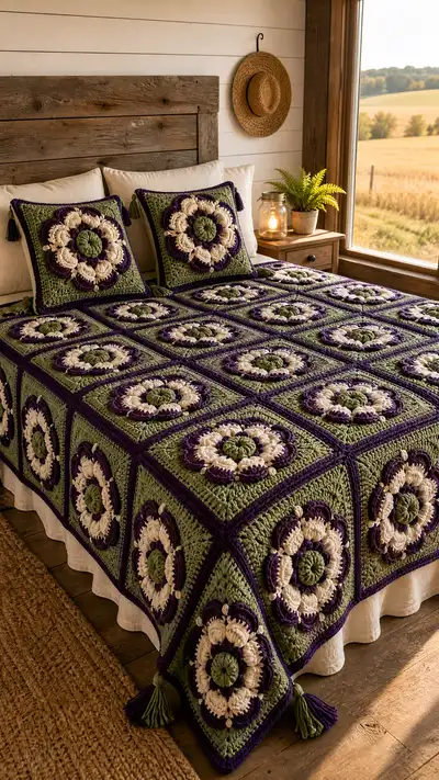Plum Meadow Granny Square Bedspread Pattern step 1 - construction progress