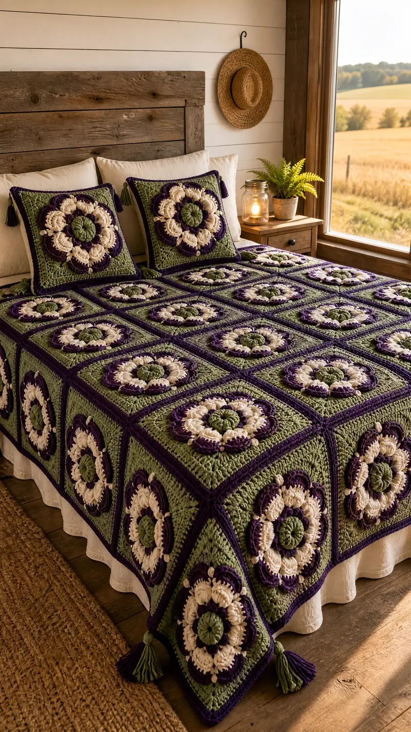 Plum Meadow Granny Square Bedspread Pattern crochet pattern - detailed view of completed project