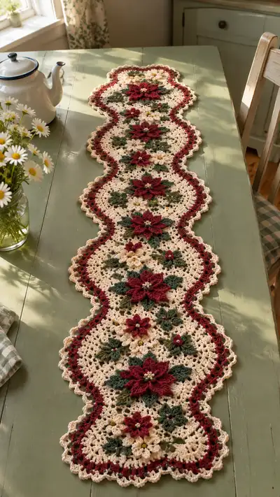 Burgundy Poinsettia And Cream Table Runner Pattern step 1 - construction progress