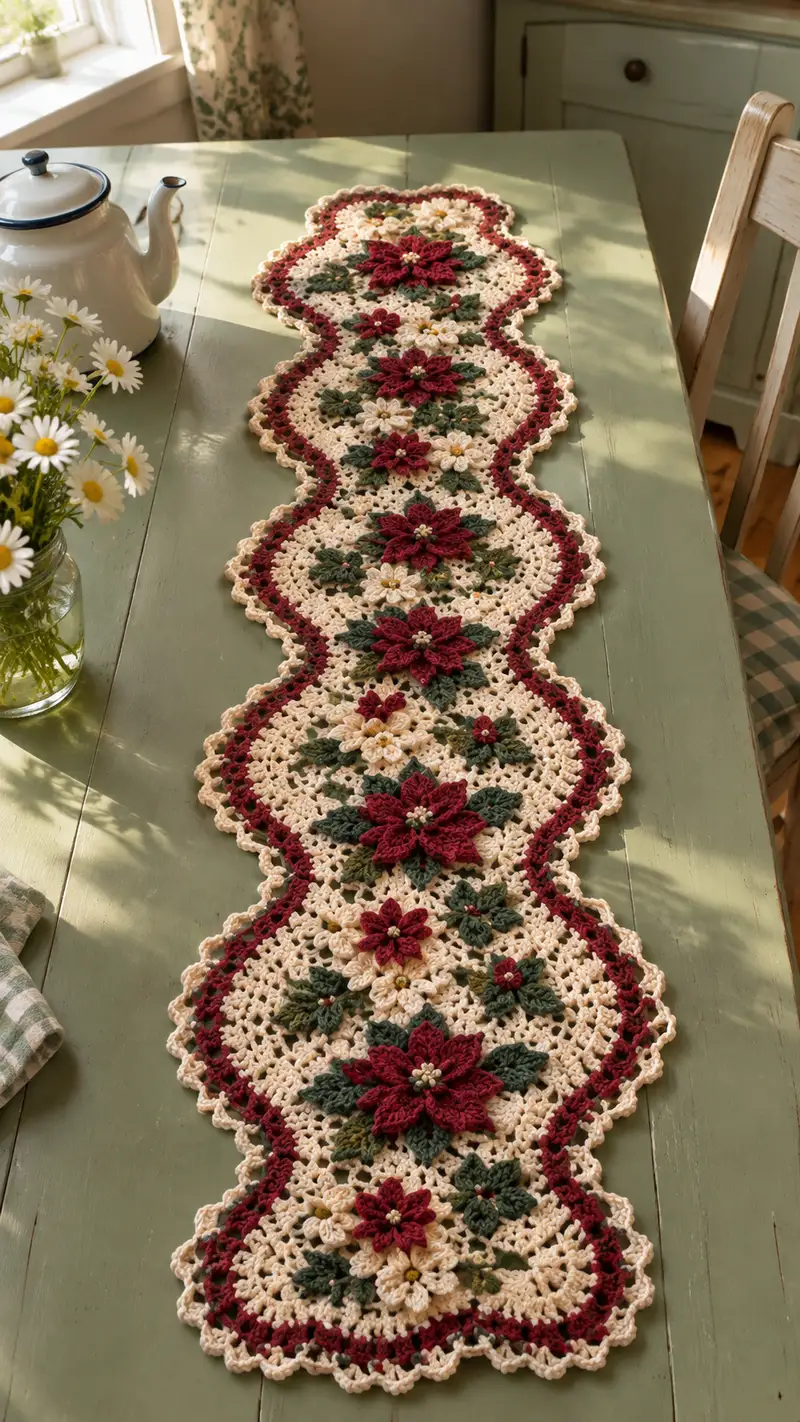 Burgundy Poinsettia And Cream Table Runner Pattern crochet pattern - detailed view of completed project