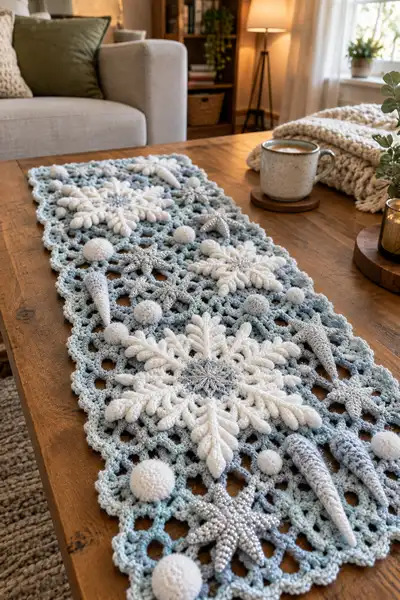 Fancy 3D Snowflake Crochet Winter Table Runner Pattern step 1 - construction progress