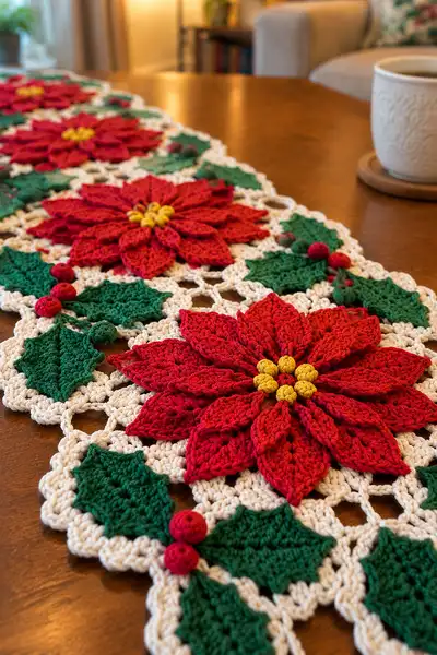 Fancy Poinsettia and Holly Detached Motif Christmas Table Runner Pattern step 2 - assembly progress