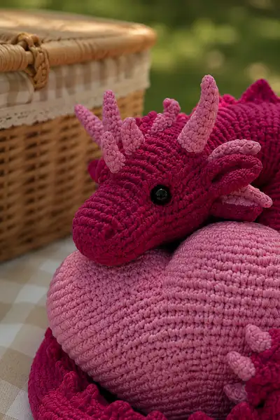 Big Magenta Valentine Dragon Curled Around a Heart Amigurumi Pattern step 2 - assembly progress