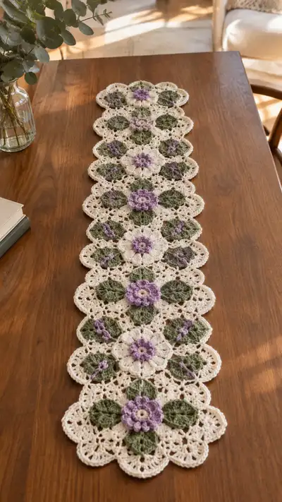 Cream And Sage Purple Flower Table Runner Pattern step 1 - construction progress