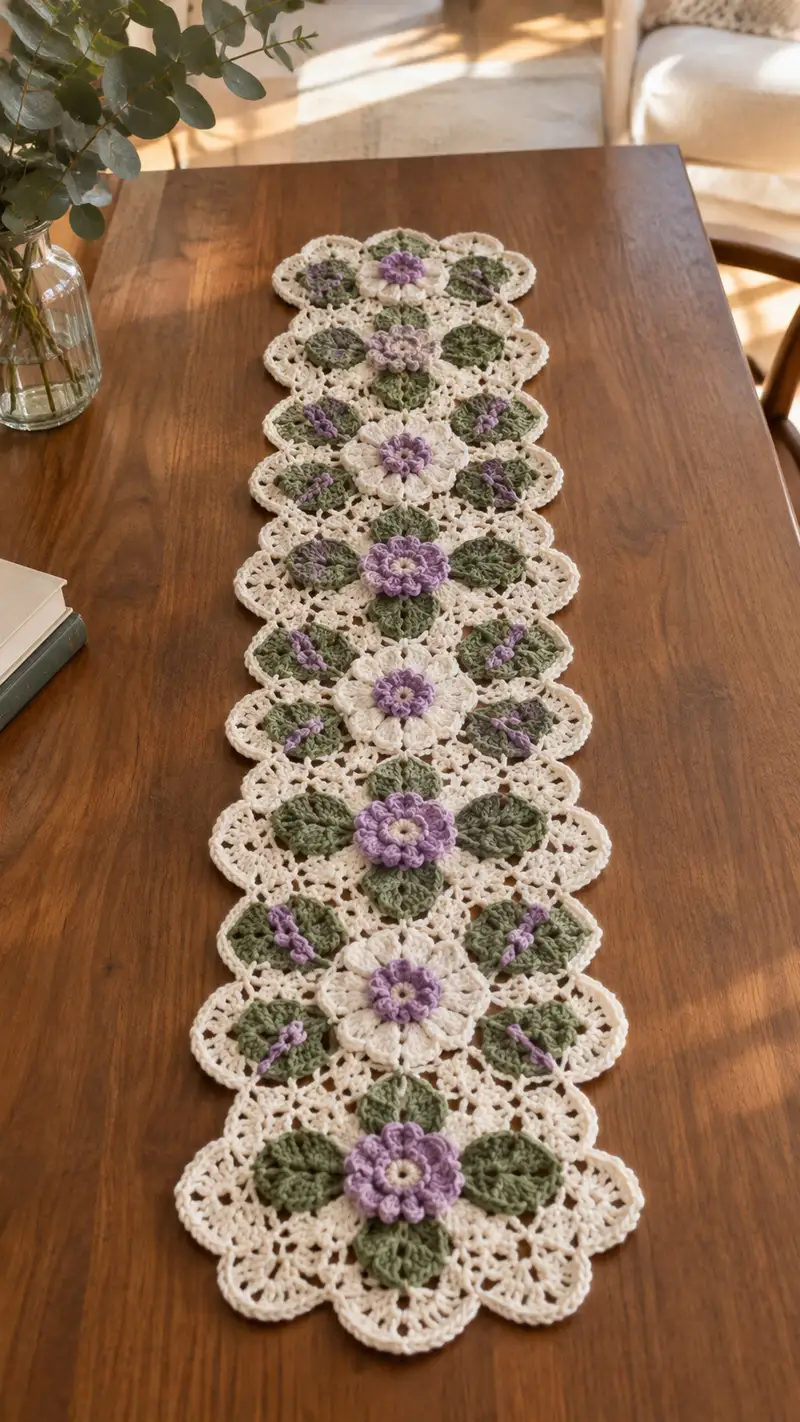 Cream And Sage Purple Flower Table Runner Pattern crochet pattern - detailed view of completed project