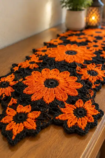 Orange and Black Detached Bloom Halloween Table Runner Pattern step 2 - assembly progress
